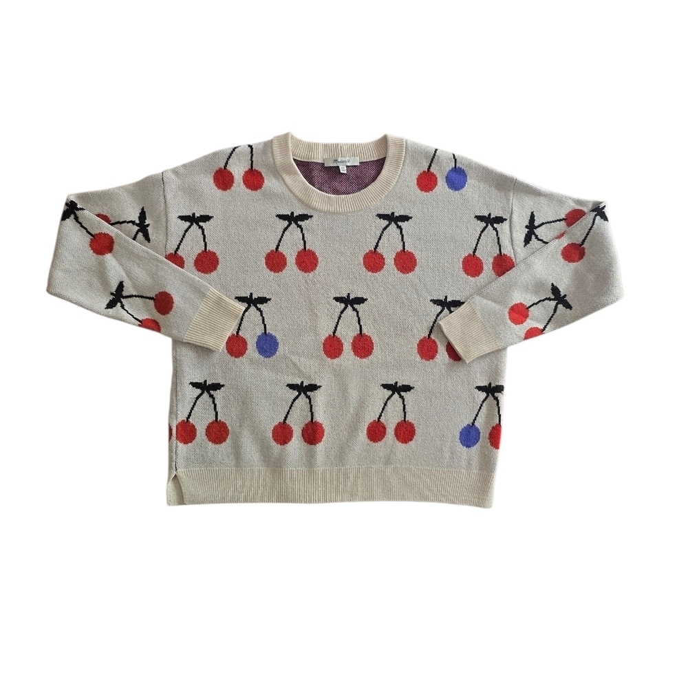 Madewell Cream Sweater with Red and Blue Cherry Design
